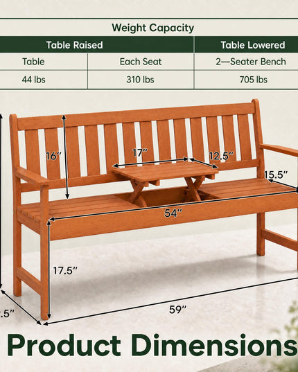GIANTEX 59" 2-Person Outdoor Bench with Pull-Out Center Table
