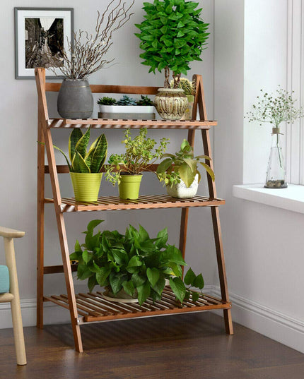 Giantex 3 Tier Folding Storage Shelf, Bamboo Ladder Plant Stand