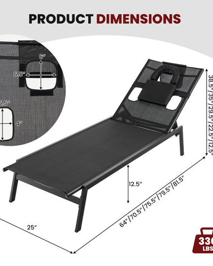 Giantex Patio Chaise Lounge Chair - Outdoor Lounge Chaise with Face Hole, Detachable Head Pillows, Black