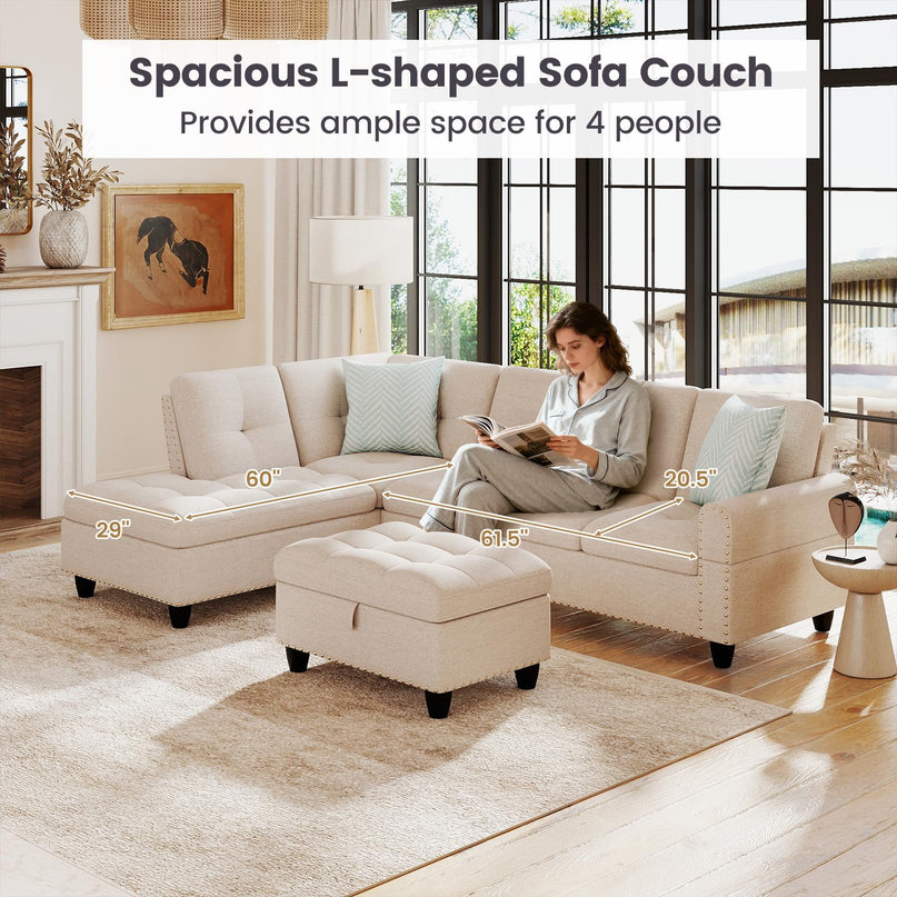 Giantex 98" L Shaped Sofa with Movable Storage Ottoman