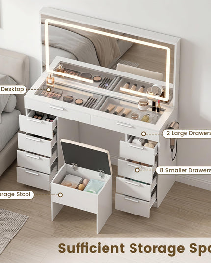 CHARMAID 56'' Vanity Desk with Lighted Mirror Glass Top Charging Station