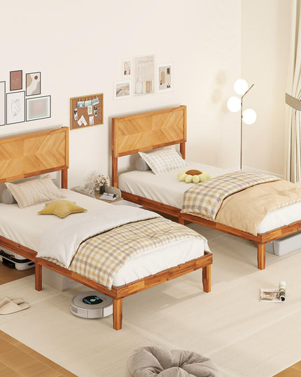 Giantex Wood Twin Bed/Full Size Bed/Queen Bed Frames with Headboard, Solid Acacia Wood Platform Bed with 12 Strong Wooden Slat Support
