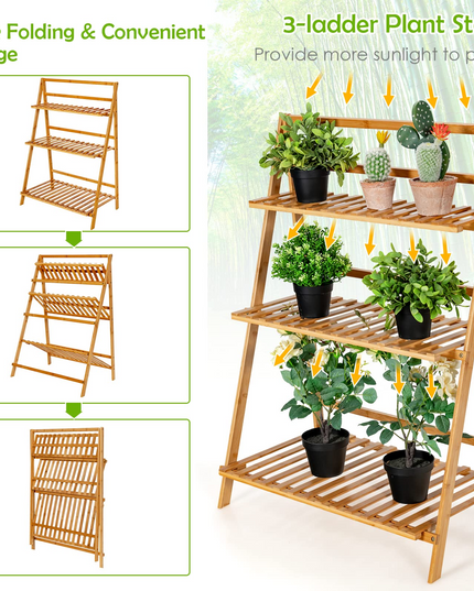 Giantex 3 Tier Folding Storage Shelf, Bamboo Ladder Plant Stand
