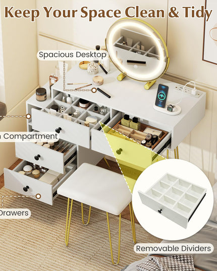 Coiffeuse avec miroir lumineux et station de charge pour chambre de fille