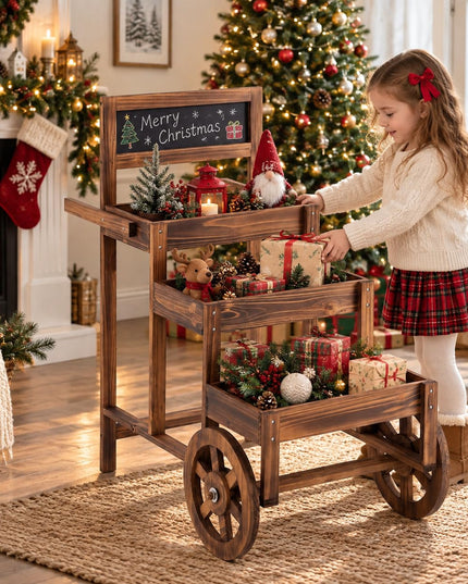 GIANTEX 3-Tier Wooden Plant Stand with Chalkboard & Wheels