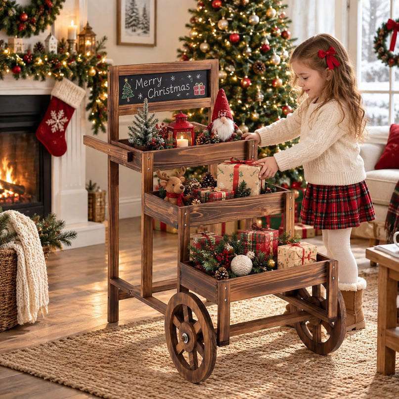 GIANTEX 3-Tier Wooden Plant Stand with Chalkboard & Wheels