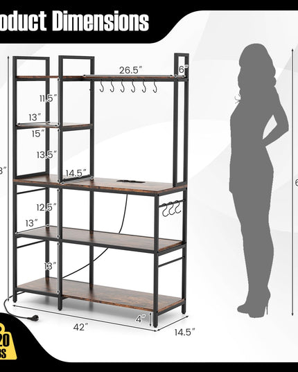 Giantex Bakers Rack with Power Outlets, 5-Tier Coffee Bar Table Organizer w/ 10 S-Shaped Hooks, 63" Large Microwave Stand