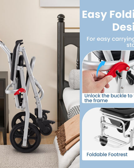 Giantex Bedside Commode Wheelchair for Toilet - Foldable Shower Chair with Arms, Lockable Casters