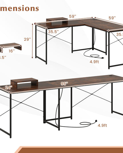 59 Inch Reversible Corner Desk with Power Outlet and USB Ports & Monitor Stand