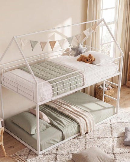 Giantex House-Shaped Twin Over Twin Metal Bunk Bed with Safety Guardrail & Roof