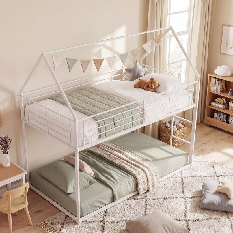 Giantex House-Shaped Twin Over Twin Metal Bunk Bed with Safety Guardrail & Roof