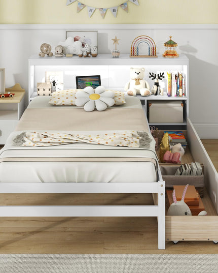 Giantex Wood Twin Bed Frame with Storage Drawer & Headboard, Modern Platform Bed with Charging Station & LED Light