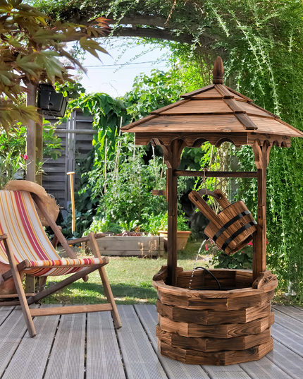 Giantex Rustic Wishing Well Fountain, Outdoor Wooden Water Fountain with Electric Pump