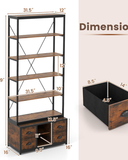 Giantex 5-Tier Industrial Bookshelf, Triple Wide Heavy-Duty Metal Frame Bookcases w/ 14 Open Shelves