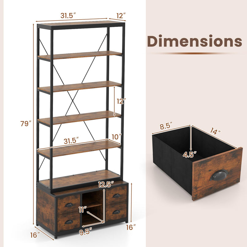 Giantex 5-Tier Industrial Bookshelf, Triple Wide Heavy-Duty Metal Frame Bookcases w/ 14 Open Shelves
