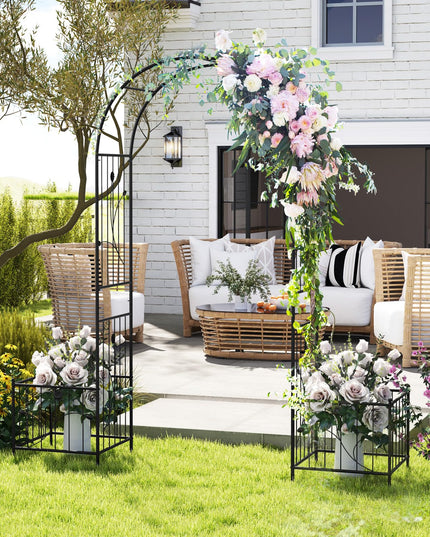Giantex Garden Arch Trellis with Planters, 86'' Metal Arbor Pergola for Climbing Plants Rose Clematis Vines
