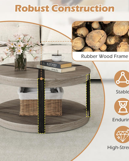 Giantex Round Coffee Table with Open Storage Shelf & Rubber Wood Frame