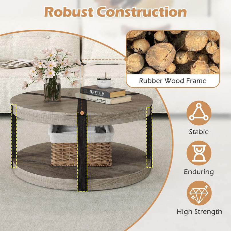 Giantex Round Coffee Table with Open Storage Shelf & Rubber Wood Frame