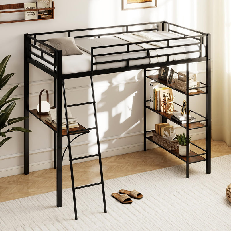 Giantex Twin Size Loft Bed with Desk & Shelves