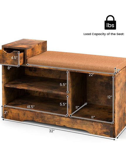 Giantex Industrial Shoe Storage Bench - Entryway Shoe Bench with Removable Cushion, Storage Drawer, Rustic Brow
