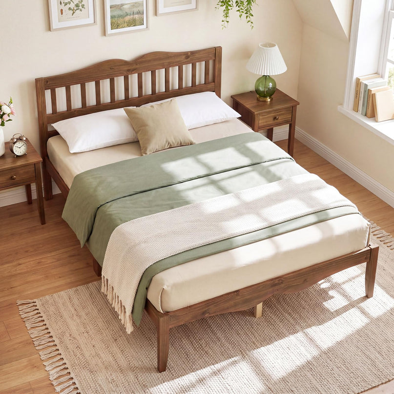 GIANTEX Full/Queen Size Wooden Bed Frame with Slatted Headboard