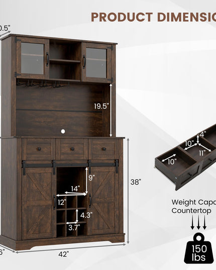 Giantex 72" Farmhouse Coffee Bar Cabinet w/Glass Doors & Wine Racks