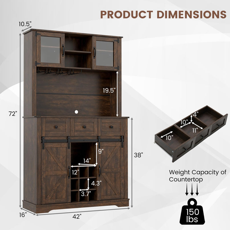 Giantex 72" Farmhouse Coffee Bar Cabinet w/Glass Doors & Wine Racks