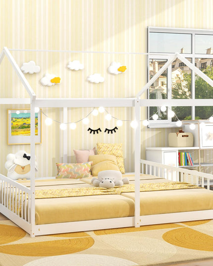 Giantex Double Twin Floor Beds for 2 Kids, Wood Twin Size House Beds with Safety Guardrails, White