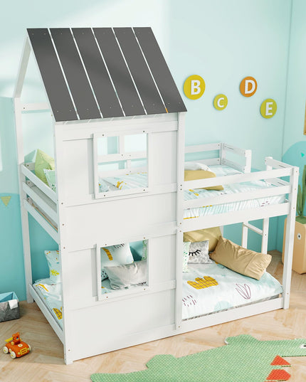 Giantex House Bunk Bed Twin Over Twin, Solid Wood Floor Bunk Bed with Built in Ladder, Window & Safety Guardrail
