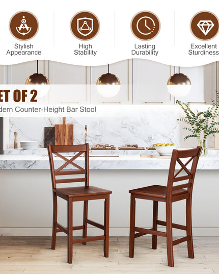 Giantex 25'' Antique Kitchen Counter Height Chairs with Wooden X-Shaped Backrest & Rubber Wood Legs