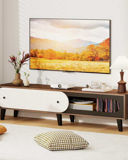 Meuble TV moderne Mid-Century Giantex avec armoire de rangement et porte coulissante pour téléviseur de 75/80 pouces