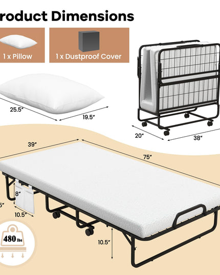 Giantex Folding Bed with Mattress and Pillow, Twin Size Portable Guest Bed w/Metal Frame