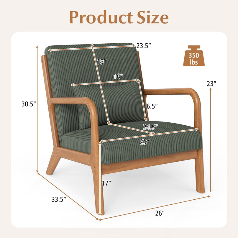 Giantex Modern Corduroy Upholstered Lounge Chair with Rubber Wood Armrests