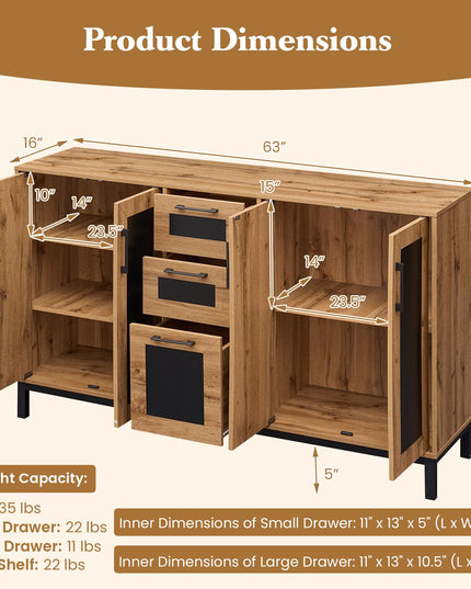 Giantex 63” Large Farmhouse Sideboard Buffet Cabinet with 3 Drawers & Storage Shelves
