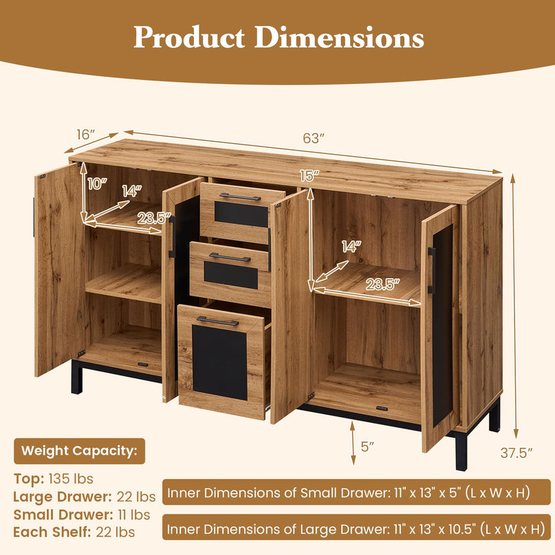 Giantex Buffet de style rustique de 160 cm avec 3 tiroirs et étagères de rangement