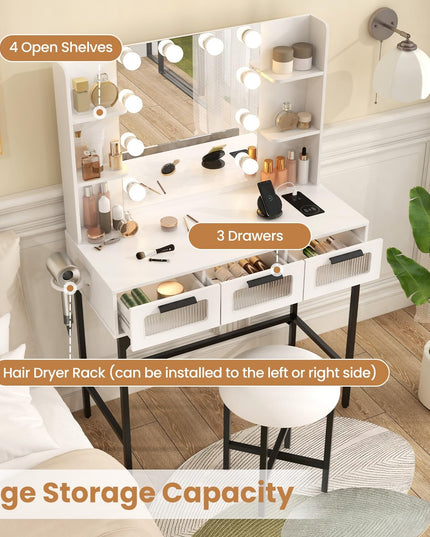 Vanity Desk with Mirror and Lights, White Makeup Vanity Desk with Charging Station