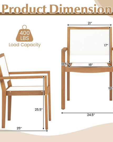Giantex Stackable Outdoor Dining Chair Set, Patio Armchairs w/Acacia Wood Frame, All Weather Fabric, Armrests