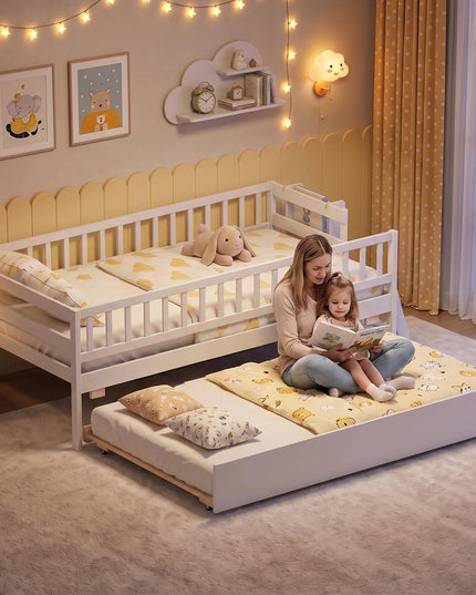GIANTEX Trundle Bed Twin Size with Bookshelf 2-Step Ladder for Kids