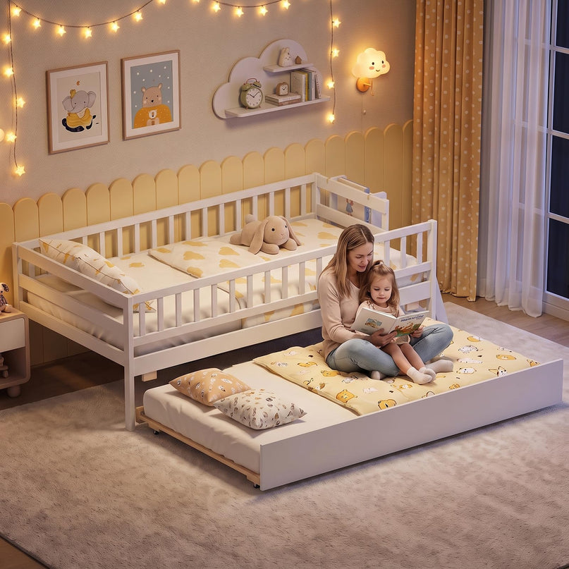GIANTEX Trundle Bed Twin Size with Bookshelf 2-Step Ladder for Kids