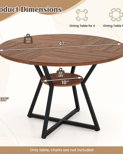 Giantex Table à manger ronde de 119 cm pour 4 personnes avec étagère de rangement et base en métal en forme de X