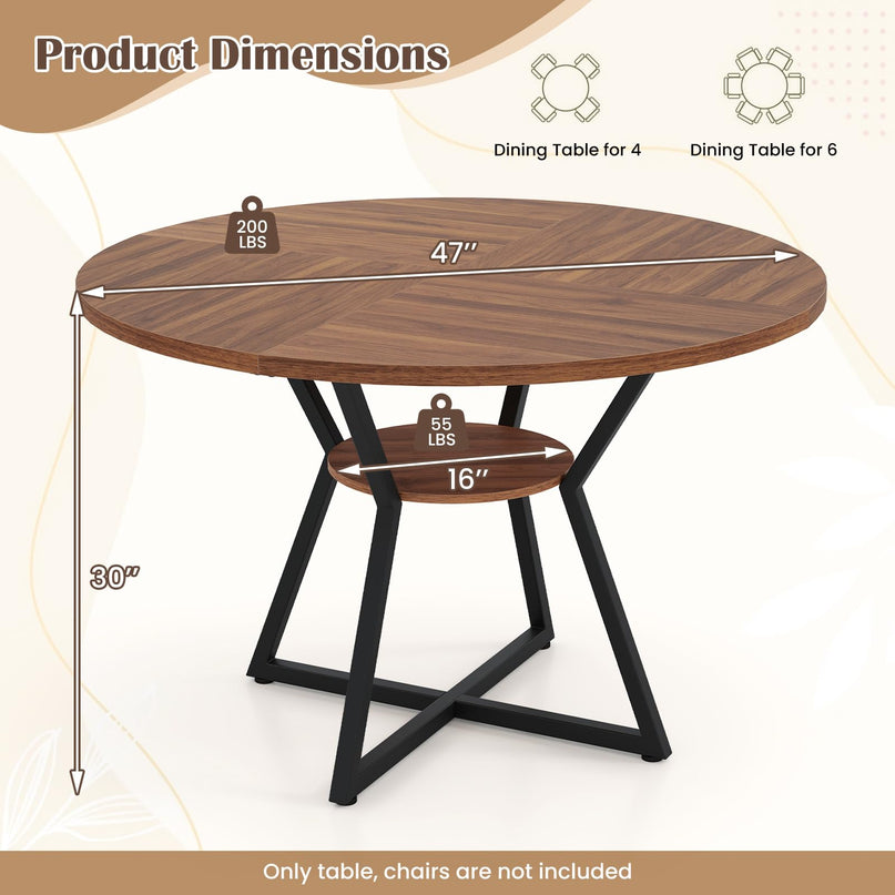 Giantex 47" Round Dining Table for 4 with Storage Shelf & X-Shaped Metal Base