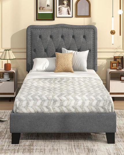 Giantex Twin Size Bed Frame, Modern Linen Upholstered Platform Bed w/ 46" Tall Button Tufted Headboard