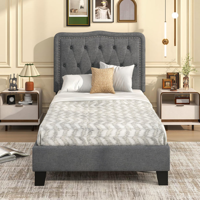 Giantex Twin Size Bed Frame, Modern Linen Upholstered Platform Bed w/ 46" Tall Button Tufted Headboard