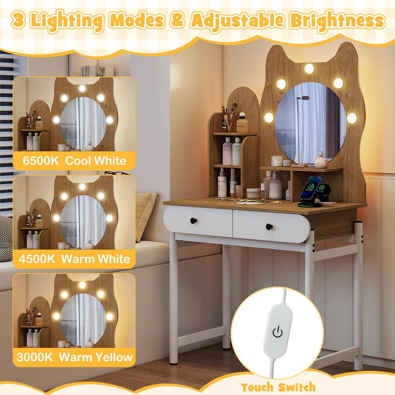 Makeup Vanity Desk with Lights & Mirror for Girls & Teenagers Bedroom