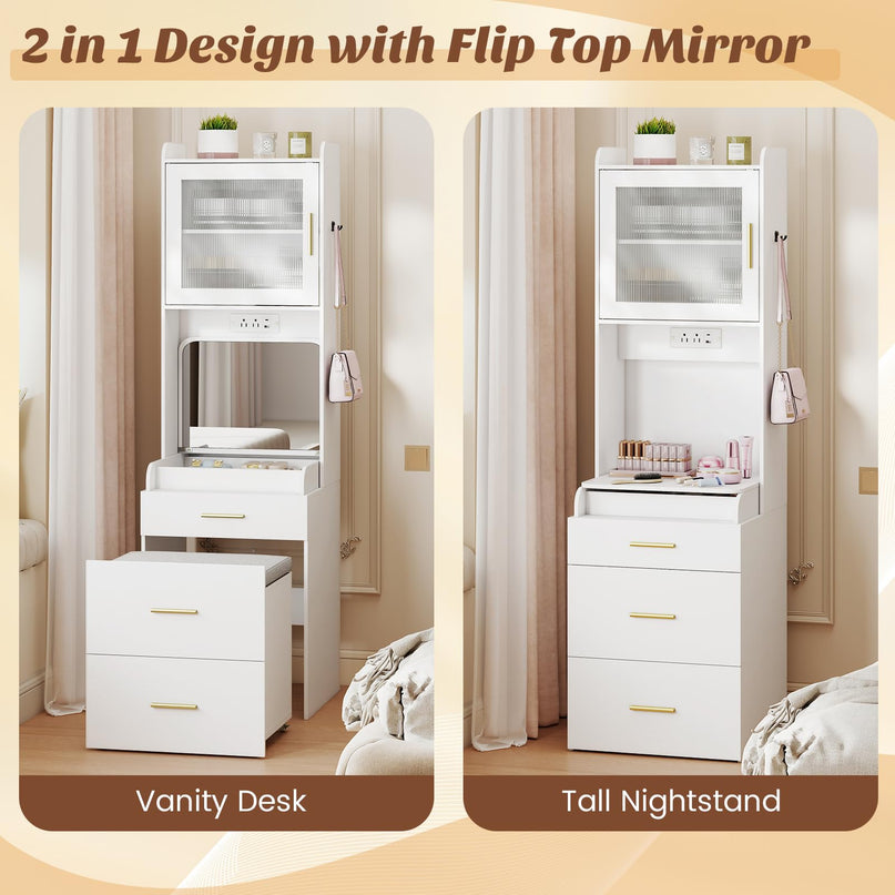Coiffeuse 3-en-1 CHARMAID avec miroir rabattable