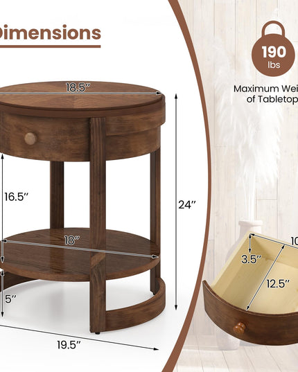 Giantex Round Side Tables Set of 1/2, 2-Tier Retro End Tables with Drawer & Shelf