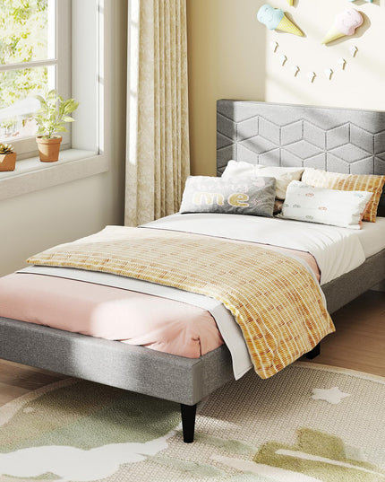Lit plateforme moderne Giantex avec tête de lit géométrique en tissu de lin | Pas besoin de sommier tapissier