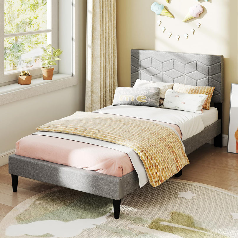 Giantex Modern Platform Bed with Linen Fabric Geometric Headboard | No Box Spring Needed