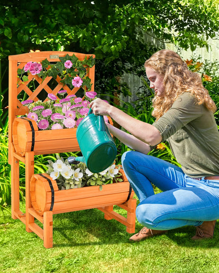 Giantex Raised Garden Bed with 2 Barrel Planters & Trellis, 2-Tier Freestanding Wooden Raised Bed for Vegetable Flower Fruit