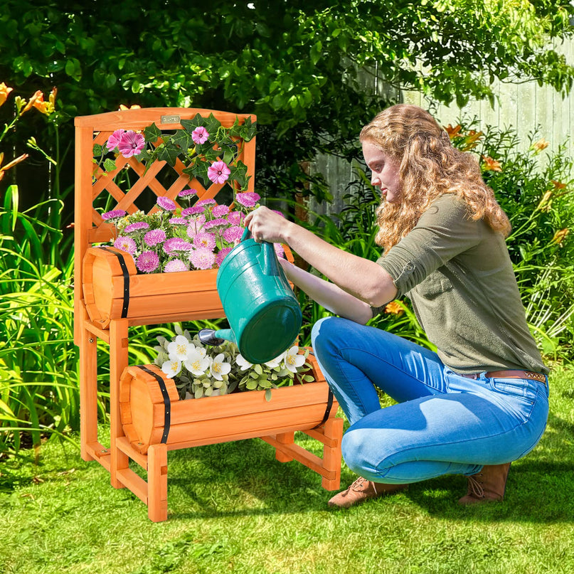 Giantex Raised Garden Bed with 2 Barrel Planters & Trellis, 2-Tier Freestanding Wooden Raised Bed for Vegetable Flower Fruit